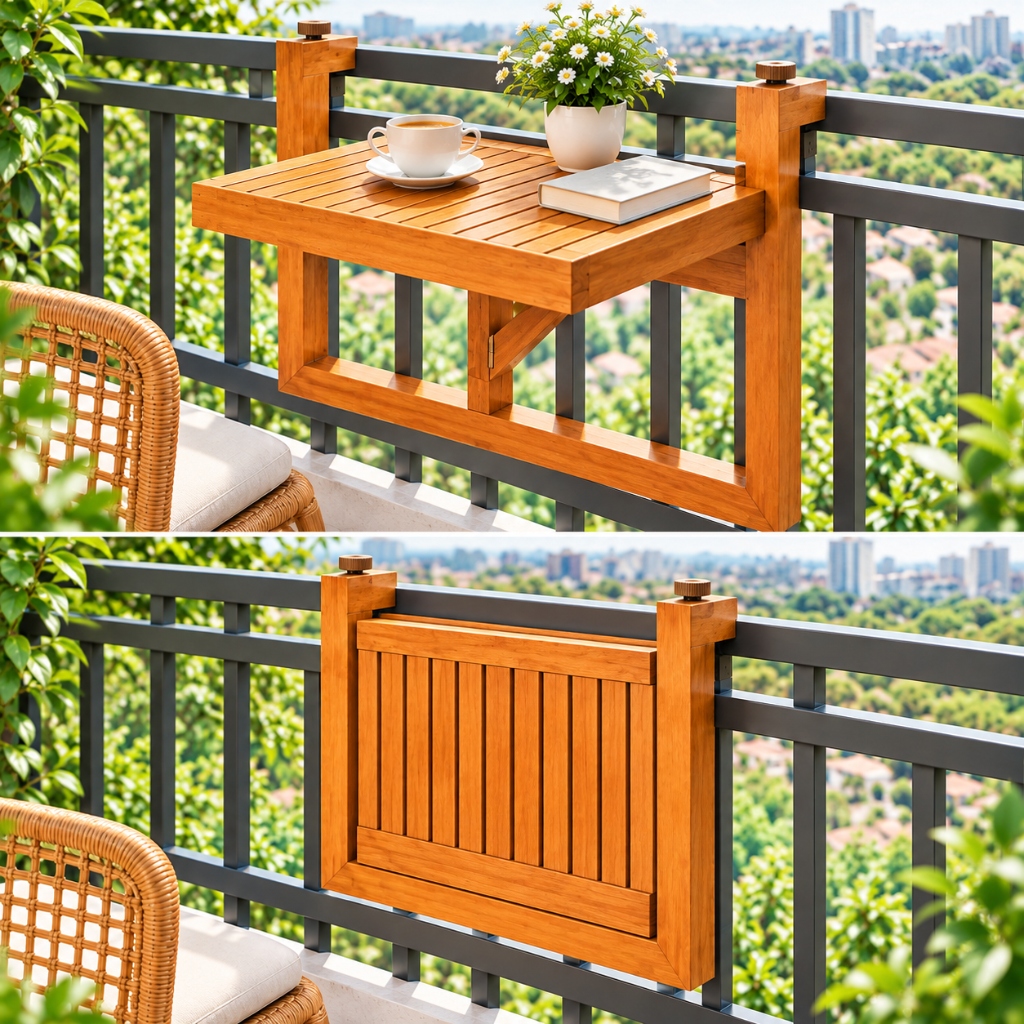 Bàn Gỗ Gấp Treo Ban Công Tiết Kiệm Không Gian - 100% Gỗ Tự Nhiên Ngoài Trời